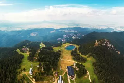 Aerial drone panoramic view of Poiana Brasov, Romania