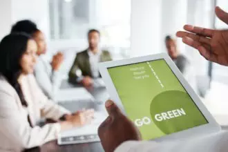 Go green, business meeting and people on tablet screen for sustainable project, eco friendly invest