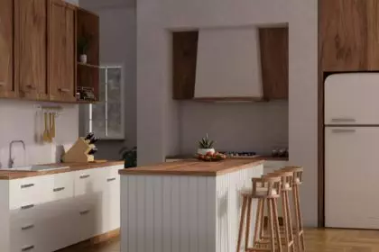 Side view of beautiful Scandinavian kitchen interior design with kitchen island, stools