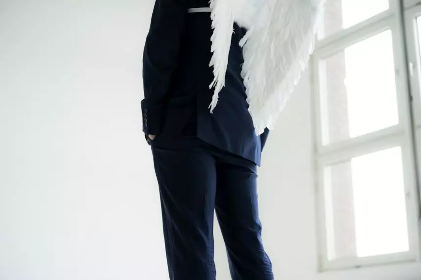 Businessman wearing suit and angels wings, rear view