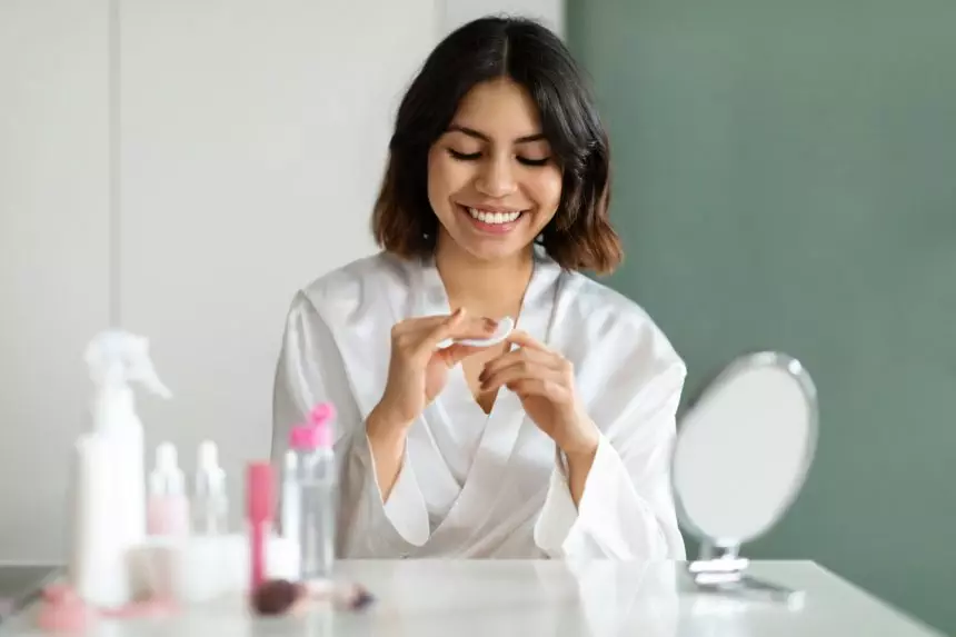 Middle eastern lady in white bathrobe doing manicure at home