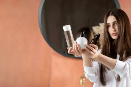 A beautiful brunette girl holds tubes of cosmetic products for hair and skin care. Copy space.