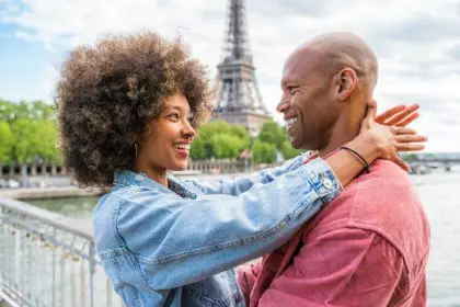 Afro-american beautiful couple in love visiting Paris