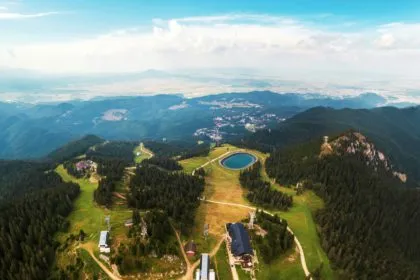 Aerial drone panoramic view of Poiana Brasov, Romania